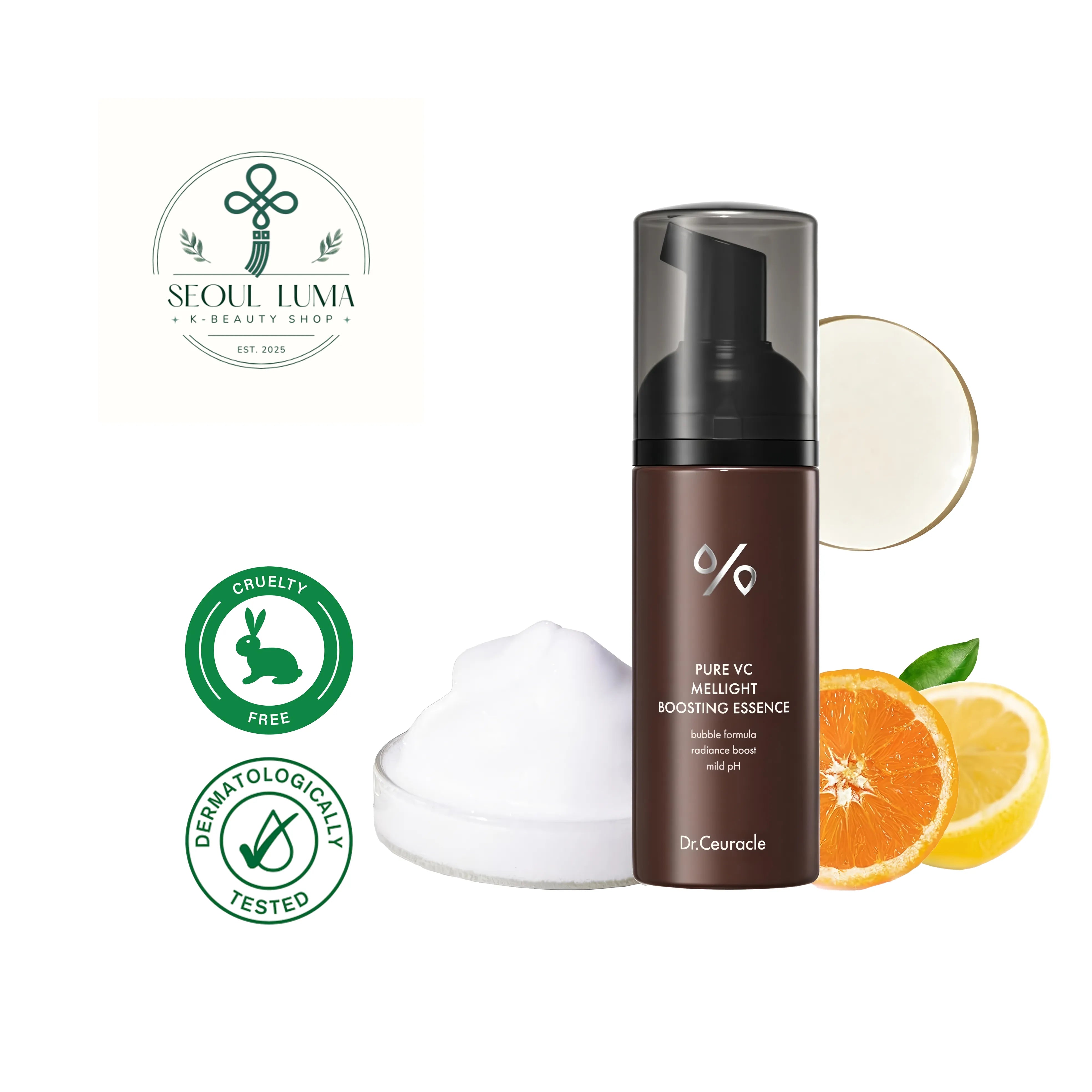 DR.CEURACLE Pure VC Mellight Boosting Essence with 21.2% vitamin C complex, bubble texture, and ferulic acid for brightening and antioxidant protection